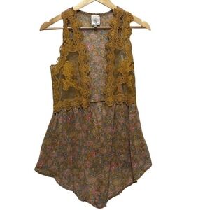 Anthro Self Esteem Women Crochet Vest M Mustard Floral Boho Fairy Festival Indie